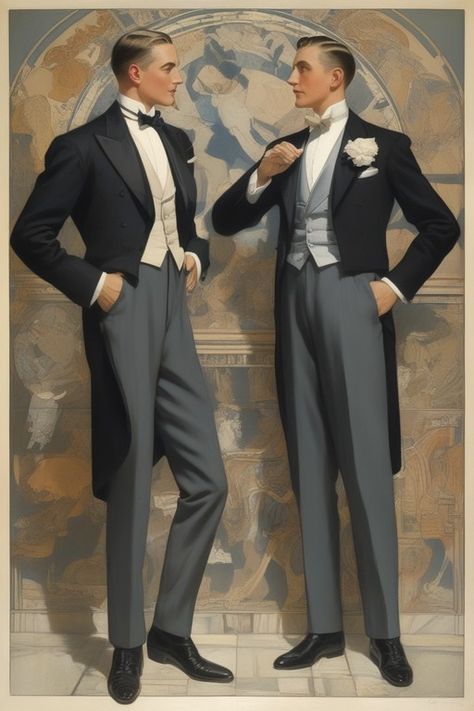 1920s Mens Evening Wear, Art Deco Suit Men, 1922 Mens Fashion, 1900 Character Design, 1920 Fashion Male, 1920s Male Fashion, Leyendecker Illustrations, 1920s Character Design, Nikola Orsinov