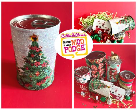 Surprise Can Gift, Tin Can Gift Packaging, Christmas Crafts Using Tin Cans, Tin Can Gift Ideas, Spice Can Crafts, Can Christmas Crafts, Decoupage Tins, Gifts For Graduation, Gift Card Holder Diy