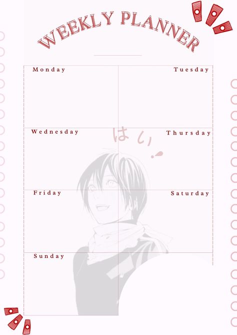 Stay organized and inspired with our Noragami Weekly Planner! 🗓️✨ Perfect for fans of the popular anime, this planner combines sleek design with practical functionality. Red Anime, Friday Saturday Sunday, Japan Aesthetic, Monday Tuesday Wednesday, Thursday Friday, Aesthetic Cute, Christmas Wall Decor, Popular Anime, Noragami