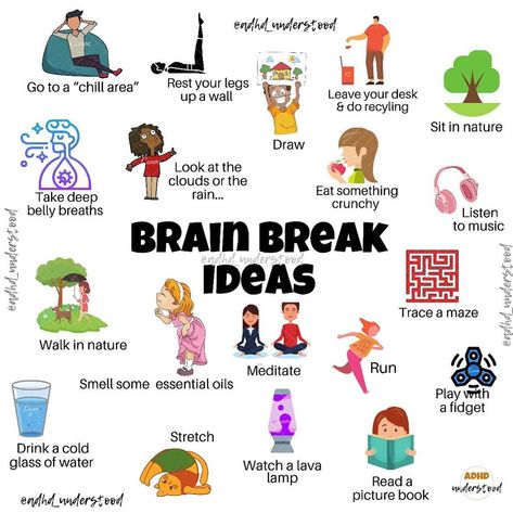 ADHD Understood on Instagram: “A few brain break & sensory break ideas✨✨✨ Hopefully you’ll have time for some rest & rejuvenation this weekend! ✨✨✨” Sensory Break Ideas, Mental Break Ideas, Sensory Rest, Brain Break Ideas, Future Therapist, Break Ideas, Mental Break, Sensory Ideas, Study Tips For Students