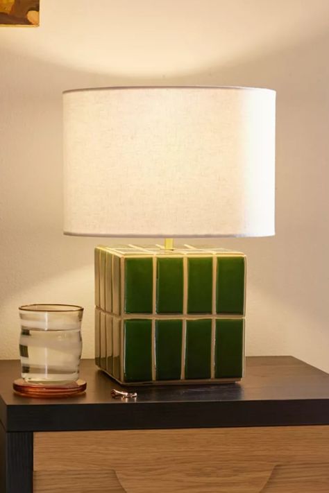 Green tile lamp on a black and wood dresser with a glass of water next to it. Tiled Lamp Base, Diy Lamp Shade Paint, Dark Green Lamp, Tile Lamp, Green Lamps, Funky Lamps, Bright Furniture, Green Table Lamp, Happy Room