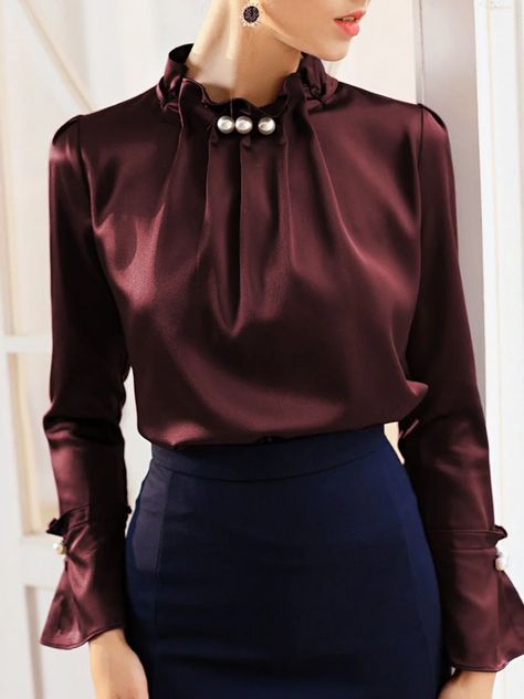 Stylewe Long Sleeve 1 Dark Blue Women Blouses Polyester Stand Collar Elegant Elegant Date Beaded Blouses Chiffon Blouses Designs, Satin Bluse, Design Moda, Satin Blouses, Elegant Blouses, Women Blouses, Beautiful Blouses, Chiffon Blouse, Fashion Tops