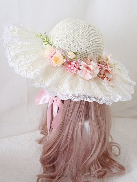 Lace Trim 5 Colors Floral Design Wide-brimmed Straw Hat Pink Cosplay, Hats Beach, Light Purple Flowers, Wide Brim Straw Hat, Straw Hat Beach, Harajuku Women, Light Pink Flowers, Light Blue Flowers, Wide Brim Sun Hat