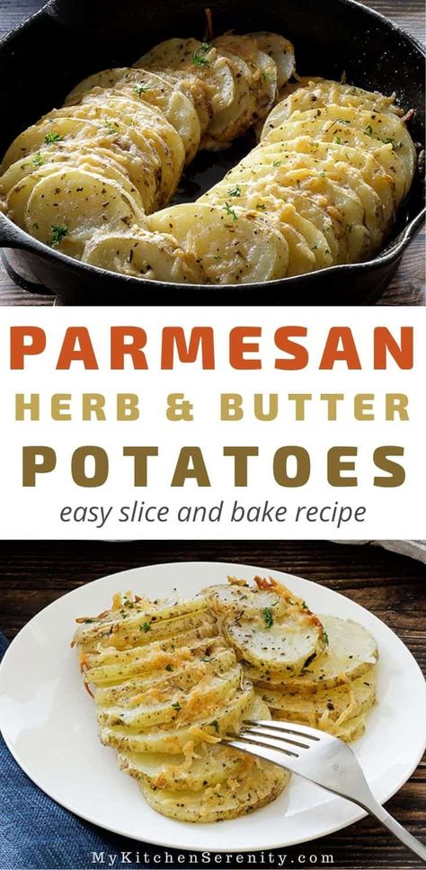 Potato Dishes Easy Casserole Recipes, Baked Potato Casserole Recipes, Large Potato Recipe, Potatoe Slices Baked, Oven Baked Sliced Potato With Cheese, Sliced Potato Side Dishes, Sliced Garlic Potatoes, Parmesan Butter Potatoes, Sliced Potato Casserole Recipes