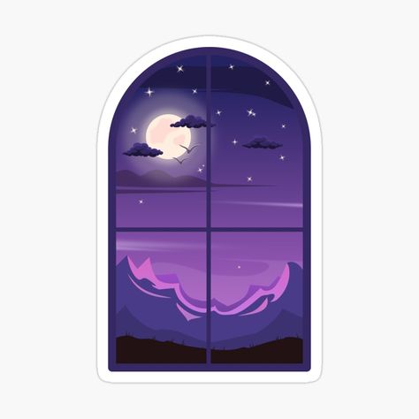 Night Window Illustration, Cool Stickers Printable, Night Window View, Window Sketch, Night Stickers, Cute Window, فنسنت فان �جوخ, Window Aesthetic, Night Sketch