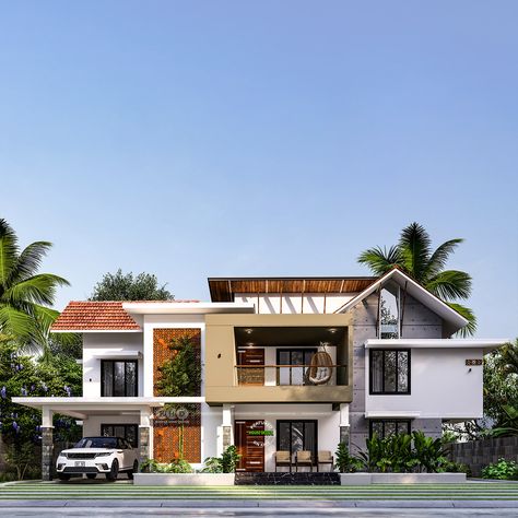 Modern Mixed Roof House Design: Blend of Styles and Functionality Mixed Roof House Design, Kerala Style House, Roof House Design, Detached Garage Designs, Roofing Styles, Exterior Home Renovation, House Structure Design, House Structure, Kerala Home