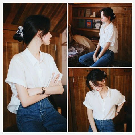 White Half Shirt Outfit Women, Half Sleeve Shirt Women Outfit, White Shirt With Blue Jeans, Half Sleeve Shirts Women, Collared Shirt Outfits, Sleeve Shirt Outfit, Corset Fashion Outfits, Closet Basics, Half Sleeve Shirt