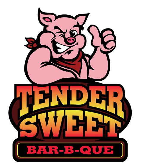 Illustration and design on a logo for BBQ catering business. Handrawn illo vectorized in Adobe Illustrator, Typestyler -- yep... still have this program on my MAC -- text and elements assembled and colored in Illustrator. (Keywords: pig, BBQ, Logo, Mascot.) Concept, Illo, Typography and Design by Christopher M. Saghy. Bbq Logo, Bbq Catering, Business Cards Layout, Sweet Bar, Logo Mascot, Pig Roast, Catering Business, Logo Illustration, Logo Designs