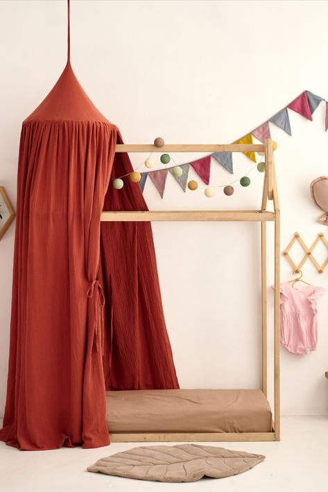 "Brown Muslin Canopy: Elevate Your Space with Rustic Elegance and Cozy Ambiance. Bed Canopy Boho, Canopy Reading Nook, Canopy Nursery, Boho Canopy, Bohemian Bed, Nursery Bed, Montessori Bedroom, Nursery Canopy, Play Tents