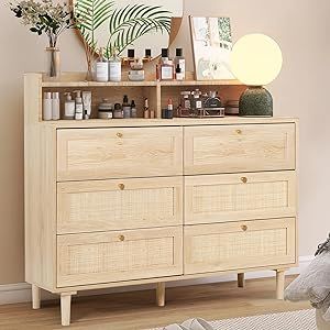 FUQARHY Rattan Dresser for Bedroom with Shelves, Modern 6 Drawer Double Dresser with Charging Station, Wood Chest of Drawers for Bedroom, Living Room, Hallway (Natural) Bedroom With Shelves, Dresser With Shelves, Corner Dresser, Rattan Dresser, Shelves Modern, Dresser Shelves, Three Drawer Dresser, Small Dresser, Dresser For Bedroom