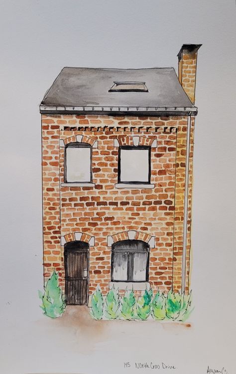 Brick house watercolor painting Bricks Watercolor, Watercolor Bricks How To Paint, Watercolour Bricks, Watercolor Lego Bricks, Watercolour Brick House Painting, House Illustrations, House Watercolor, Painted Gifts, House Illustration