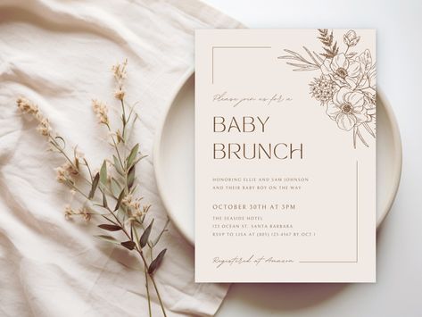 Boho Baby Brunch Invitation EDITABLE TEMPLATE ⭐ INSTANT DIGITAL DOWNLOAD Customize within minutes!  MATCHING ITEMS: INVITATION SET: https://mandldesigncompany.etsy.com/listing/1597762235 30 Baby Shower Games Pack: https://mandldesigncompany.etsy.com/listing/1634682631/baby-shower-games-bundle-minimalist-baby With this template, you will be able to edit background colors, fonts, font colors, text, and font sizes. You can also remove or add images of your choice.  You'll need Canva to edit this invitation, but if you don't have it, don't worry! Canva is FREE! It's very easy to use in your browser. ⭐ This design is a DIGITAL template to edit and print yourself. You will NOT receive a physical item. ⭐ 🧡 How do you download and edit this template? 🧡 1. Add to cart and purchase 2. You will rec Neutral Floral Baby Shower Ideas, Simple Gender Neutral Baby Shower Ideas, Spring Baby Shower Themes Neutral, Baby In Bloom Shower Invitation, Spring Baby Shower Ideas Neutral, Baby Brunch Shower Ideas, Minimalist Baby Shower Ideas, Baby Shower Brunch Invitations, Baby Shower Brunch Ideas