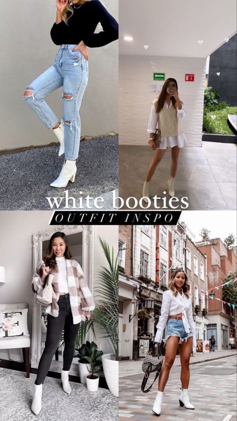 White Fall Boots Outfit, Outfits Ideas With White Boots, Outfits With White Heel Boots, White Suede Boots Outfit, Styling White Ankle Boots, Style White Boots Fall Outfits, White Boots Office Outfit, White Pointed Boots Outfit, Ankle White Boots Outfit