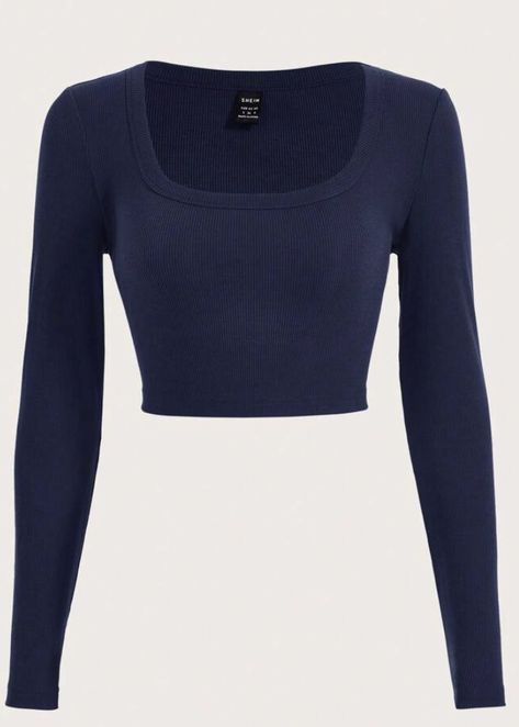 Blue Long Sleeve Shirt, Blue Crop Tops, Shein Tops, Dream Clothes, Outfits Casuales, Crop Tee, Cute Tops, Online Fashion, Square Neck