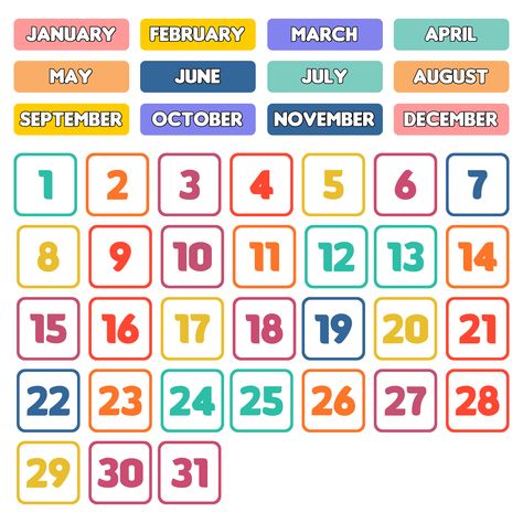 Calendar Dates Numbers Free Printable, Classroom Calendar Numbers Printables Free, Kids Monthly Calendar, Months Printable Preschool, Numbers For Calendar Printable, Calendar For Preschool Classroom, Calendar Numbers 1-31, Printable Calendar Numbers 1-31 Free, Printable Months Of The Year Free