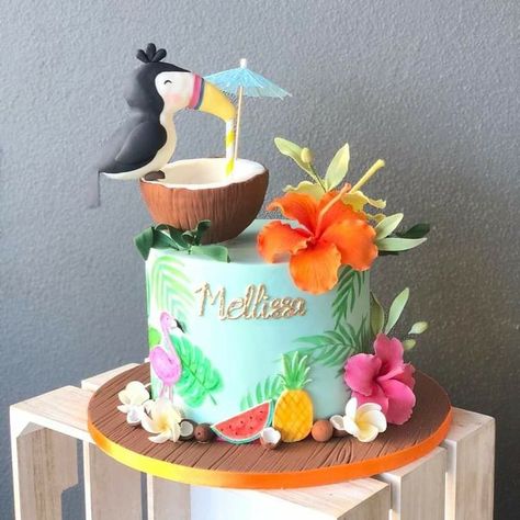 Luau Cake For Men, Tropical First Birthday Cake, Hawian Theme Cake, Tropical Cake Ideas Hawaiian Theme, Tiki Theme Cake, Hawaiian First Birthday Cake, Aloha Theme Cake, Hawaii Themed Cakes Hawaiian Birthday, Hawaii Birthday Cake Ideas