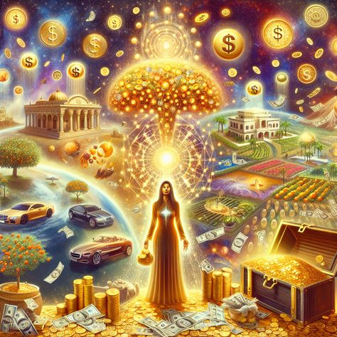 Behold an abundant universe with money trees, raining gold coins, treasure chests, mansions, elite cars, and lush landscapes. Witness the person in the center, glowing golden, a symbol of prosperity, a beacon of the ability to manifest wealth. Discover more about wealth manifestation in the link!
#WealthManifestation #Prosperity #FinancialFreedom #Abundance #Success #MoneyMindset Gold Treasure, Wealth And Prosperity, Money Rain, Images Of Abundance, Money Tree, Images Of Wealth And Abundance, How To Attract Wealth And Prosperity, Raining Money, Abundance Images