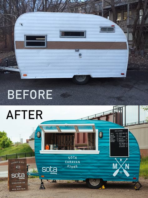 Read more about the transformation of the new Sota Caravan Store. Vintage Camper Concession Trailer, Caravan Bar Interior, Food Trailer Exterior Design Ideas, Camper Into Food Truck, Caravan Transformation, Camper To Food Truck, Vintage Camper Food Truck, Caravan Food Truck, Camper Food Truck