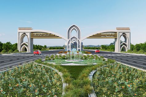 Town's gate entrance on Behance Resort Gate Design Entrance, City Gate Design, Gate Lighting Ideas, Entrance Arch Design, Gate Entrance, Gate City, Gate Wall Design, Gate Designs Modern, Entrance Gate