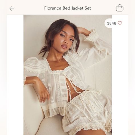 Free People - Florence Bed Jacket Set Bed Jacket, Trumpet Sleeves, Lacy Lingerie, Sleep Shorts, Looks Style, Feminine Style, Ruffle Trim, Boho Outfits, Drawstring Waist