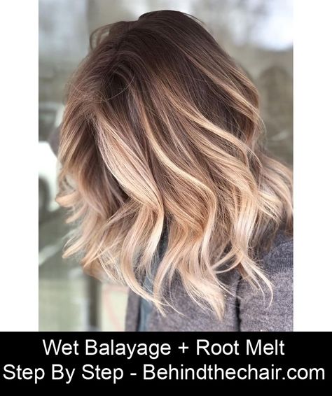 Wet Balayage + Root Melt - Behindthechair.com How to do a wet balayage plus stretched root melt with step by step photos by @camouflageandbalayage Root Melt Straight Hair, Root Melt Dark Blonde, Melted Blonde Hair Balayage, Balayage Hair Brunette With Blonde Medium Length, Root Melt Brunette To Blonde Short Hair, Dark Root Melt, Color Melt Brunette To Blonde, Partial Balayage Vs Full Balayage, Root Melt Balayage