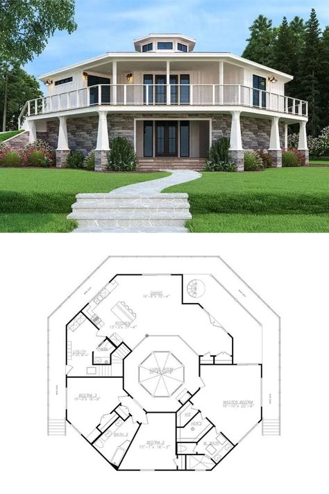 . #houseplans #octagonhouse . #Octagon_House_Plans #Deck_Floor_Plan #Cape_Cod_Modern #Hexagon_House Hexagon Home Plan, Octagonal House Floor Plans, Octagon House Exterior, Octogon House Floor Plan, Octagon House Plans, Octagonal Architecture Concept, Octagonal House, Hexagon House, Wraparound Deck