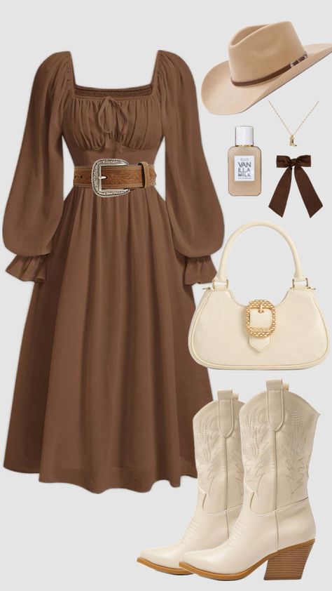 #vintage #modestfashion #vintageaesthetic #summer #outfit #outfitinspo #western #cute #brown #neutral #dress #brownaesthetic #cowboyboots #churchoutfit Women's Spring Outfits, Neutral Dress, Modesty Outfits, Cute Modest Outfits, Looks Country, Cute Dress Outfits, Casual Day Outfits, Modest Fashion Outfits, Cute Everyday Outfits