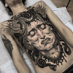 Dallas Tattoo, Backpiece Tattoo, Stomach Tattoo, Medusa Tattoo, Stomach Tattoos, Tattoo Desings, Tattoo Portfolio, Dark Art Tattoo, Badass Tattoos