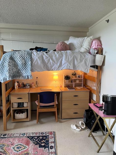 Dorm Loft Bed Ideas Storage, Dorm Room High Bed Ideas, Lofted Bed With Desk Underneath Dorm, College Dorm Triple, Dorm Bunk Bed Ladder, College Loft Dorm Room Ideas, College Dorm Room Ideas Desk Under Bed, 2 People Dorm Room Ideas, Loft Dorm Bed Ideas