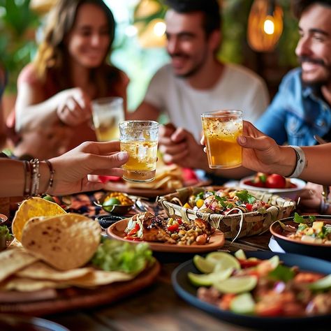 Group of friends having a dinner party eating and drinking beer Having Drinks With Friends, Drink Beer With Friends, Bar With Friends Aesthetic, Eating With Friends Aesthetic, Bar Pics, Dinner Friends, Drinks Friends, Commercial Shoot, Eating Tacos