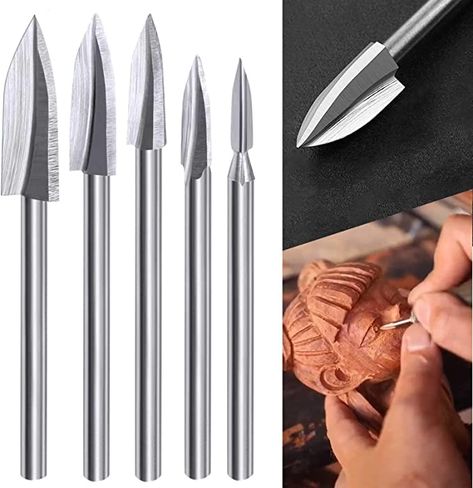 Wood Carving Tools for Rotary Tool, 5 PCS HSS Woodworking Tools Engraving Drill Bit Set Wood Crafts Grinding Tool Universal 1/8” Shank For DIY Carving Drilling Micro Sculpture - - Amazon.com Carpenter Tools, Dremel Rotary Tool, Diy Projektit, Woodworking Power Tools, Dremel Wood Carving, Chisel Set, Engraving Tools, Carving Patterns, Rotary Tools