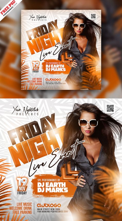 Introducing the our Free Weekend Dj Party Post Design PSD Template! This psd template is designed to promote any kind of club night party, whether it’s a rock music event, urban festival, concert, festival, or just a weekly party at a music club. It’s the perfect choice for creating a buzz and getting everyone excited for the event. Party Ads Design, Concert Poster Design Ideas, Music Festival Poster Design Graphics, Concert Post Ideas, Music Event Logo, Singer Poster Design, Night Club Poster Design, Dj Poster Design, Live Concert Poster