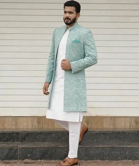 Luxury Pista Green Sherwani With Zari Work, Indian Wedding Suits Men, Wedding Outfit Ideas, Indian Groom Dress, Indian Wedding Clothes For Men, Mens Wedding Suits, Mens Indian Wear, Sherwani For Men Wedding, Wedding Kurta For Men