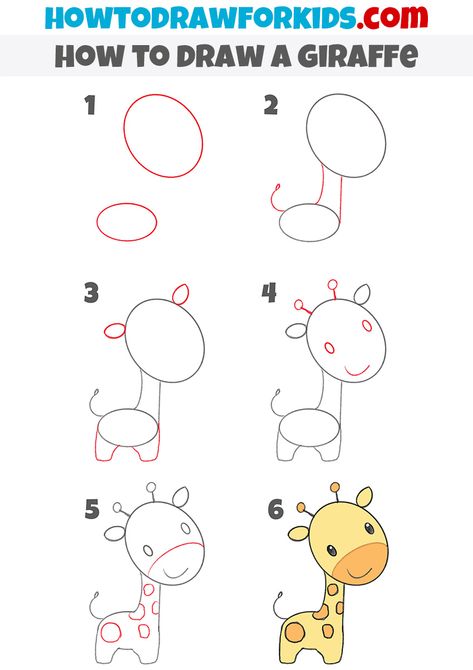 Draw Beginner Step By Step, Cute Animal Doodles Step By Step, Drawing Ideas Kindergarten, How To Draw A Giraffe Easy, How To Draw A Giraffe Step By Step Easy, Animal Drawing Tutorial Easy, Giraffe Step By Step Drawing, Step To Step Drawing Easy, Easy Kid Drawings Step By Step