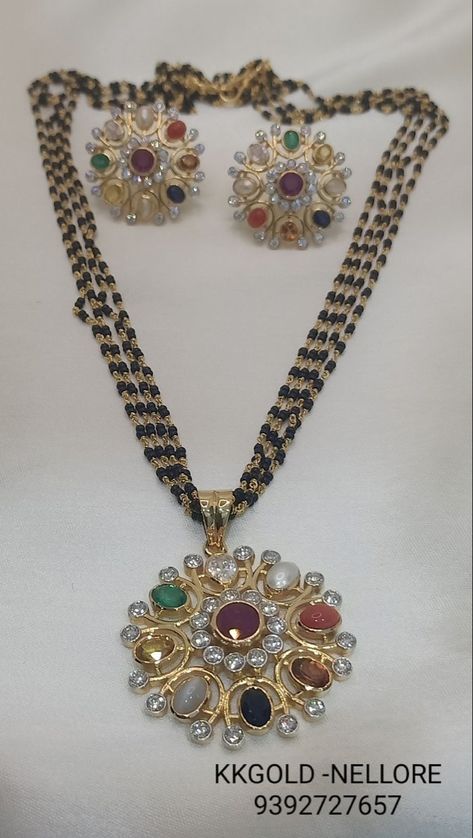 Navratna Jewellery Pendants, Navratna Pendant Gold, Navratna Pendant Set, Navarathan Pendant, Navratna Mangalsutra, Black Beads Diamond Pendant, Black Beads With Diamond Pendant, Black Diamonds Chains, Navratna Necklace Gold