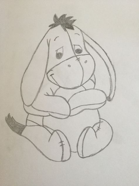 Eeyore is my favourite Disney character so I decided to draw him! Vintage Disney Drawings, Disney Cartoon Characters Drawing Easy, Disney Simple Drawings, Cute Disney Drawings Cartoon Characters, How To Draw Eeyore, Eeorye Drawing, Eyore Drawing Simple, Things To Draw Disney Characters Sketch, Sketch Ideas Disney