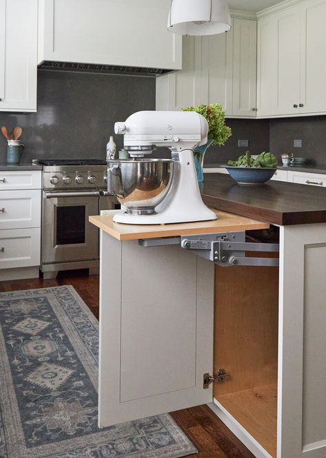 Where to Stash the Stand Mixer in Your Kitchen Mixer Drawer Kitchen, Kitchenaid Stand Mixer In Kitchen, Under Counter Mixer Storage, Kitchenaid Mixer Stand, Stand Mixer Cabinet, Kitchenaid Stand Mixer Storage, Kitchenaid Mixer Storage Ideas, Stand Mixer Storage Ideas, Kitchen Island With Mixer Lift