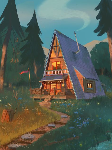 ArtStation - lil A-frame in the woods, Bonnie Branson Camping Illustration, Wood Illustration, Cabin Art, Winter Cabin, House Illustration, A Cabin, A Frame House, Fantasy Places, House Drawing