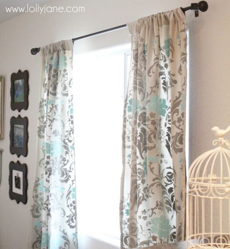 Inexpensive Curtains, Stenciled Curtains, Office Redo, Painted Curtains, Diy Window Treatments, Plain Curtains, Drop Cloth Curtains, The Curtains, Rustic Curtains