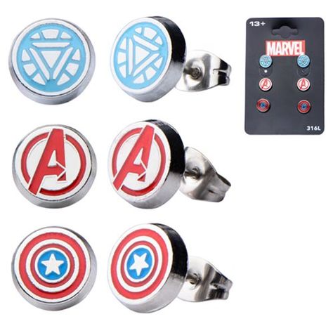 Avengers Stainless Steel Round Ear Stud Earrings 3-Pack Captain America Logo, Iron Man Arc Reactor, Marvel Jewelry, Earring Pack, Avengers Captain America, Avengers Logo, Marvel Clothes, Attitude Clothing, Enamel Stud Earrings