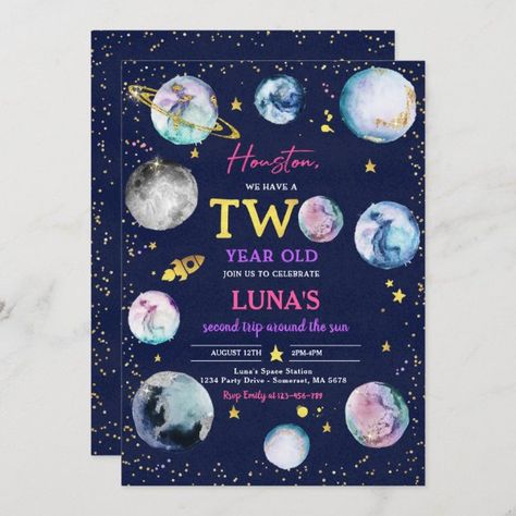 Space Birthday Party Second Trip Around The Sun Invitation 1st Birthday Invitation Template, Space Birthday Invitation, First Trip Around The Sun, Outer Space Party, 1st Birthday Party Invitations, Space Birthday Party, First Birthday Themes, Space Planets, Space Birthday