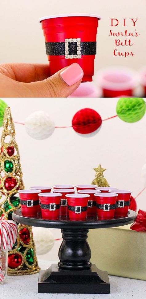 Clever party idea "mini santa cups" Fun Christmas Party Ideas, Santa Cups, Christmas Party Ideas, Diy Christmas Party, Adult Christmas Party, Christmas Sweater Party, Ugly Christmas Sweater Party, Christmas Party Games, Christmas Party Food