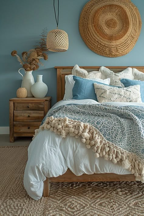 Powder Blue Walls, Powder Blue Bedroom, Boho Girls Bedroom, Blue Bedroom Walls, Soft Rugs, Tropical Bedrooms, Mediterranean Style Home, Tranquil Blue, Girl Bedroom Designs