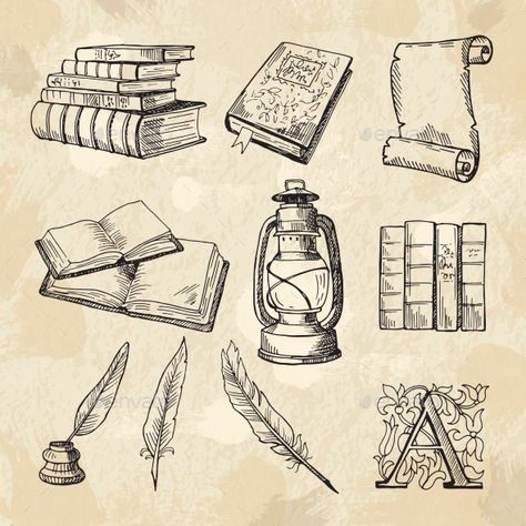 Literature concept pictures. Vintage hand drawings books and different tools for writers. Literature book sketch, hand drawing literary and feather pen with inkwell. Vector illustration Books Design Drawing, Book And Quill Drawing, Vintage Drawing Design, Book Pen Drawing, Drawings With Writing, Vintage Pen Drawing, Book Related Drawings, Writing Drawing Art, Old Things Drawing