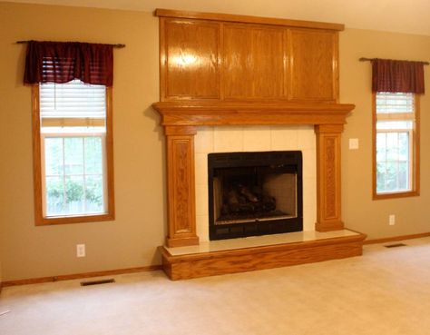 Before and After: An Oak Veneer Fireplace Gets A Makeover - Curbly Oak Fireplace Makeover, Veneer Fireplace, Stone Fireplace Makeover, Simple Fireplace, Tall Fireplace, Diy Fireplace Makeover, Fireplace Seating, Fireplace Bookshelves, Oak Fireplace