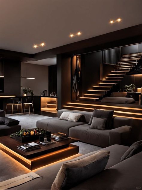 Modern Elegance Interior Design, Black And Brown Modern House, Black Themed House Interior, Basement Recreation Room Ideas, Basement Ideas Aesthetic, Dream House Features, Ultra Modern Homes Interiors, Hall Room Ideas, Dark Home Ideas