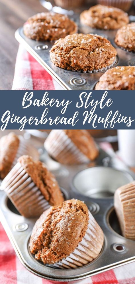 A batch of bakery style gingerbread muffins in an aluminum muffin tin on a red checked towel Gingerbread Muffins Recipe, Ginger Muffins, Gingerbread Muffins, Scone Recipes, Bakery Style Muffins, Spice Muffins, Homemade Muffins, Muffin Man, Christmas Foods