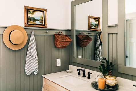 Sage Green Board And Batten Bathroom, Board And Batten Bathroom Green, Green Board And Batten Bathroom, Gray And Green Bathroom, Green Beadboard Bathroom, Olive Green Headboard, Beadboard Vanity, Board Batten Bathroom, Beadboard Dining Room