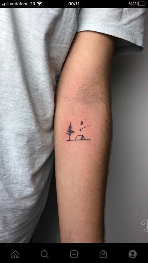 50 Best Small Travel Tattoos Ideas That Will Inspire Inner Wanderers Cute Nature Tattoos Simple, Nature Inspired Minimalist Tattoos, Nature Tattoos Small Simple, Night Sky Tattoo Minimalist, Out Of The Box Tattoo Ideas, Matching Camping Tattoo, Small Lake Tattoo Ideas, Small Hiking Tattoo, Mountain Camping Tattoo