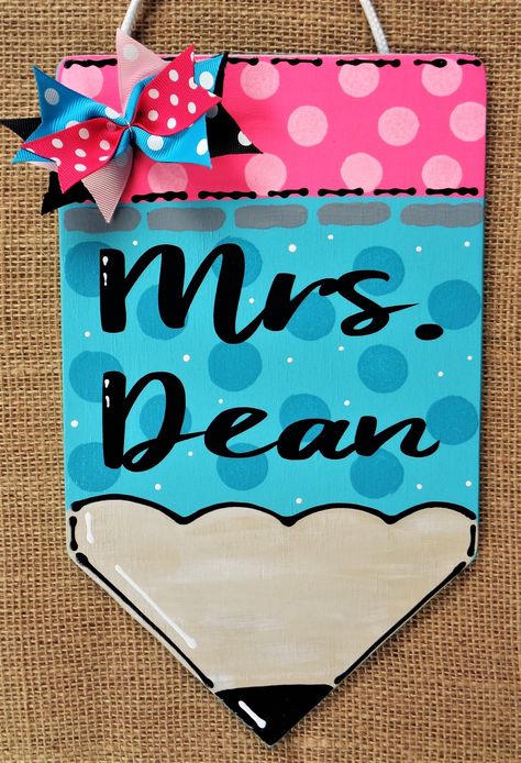 Teacher Pencil Sign, Nurse Signs, Pencil Sign, Teacher Classroom Sign, Classroom Door Signs, Teacher Door Hangers, Teacher Doors, Wooden Door Hanger, Classroom Signs